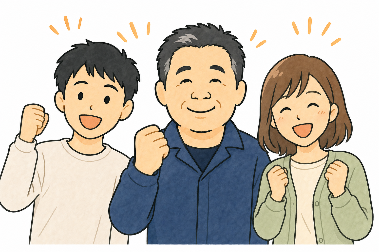 差し絵⑥:まっさんと後輩2人が3人横並びで喜んでいる場面