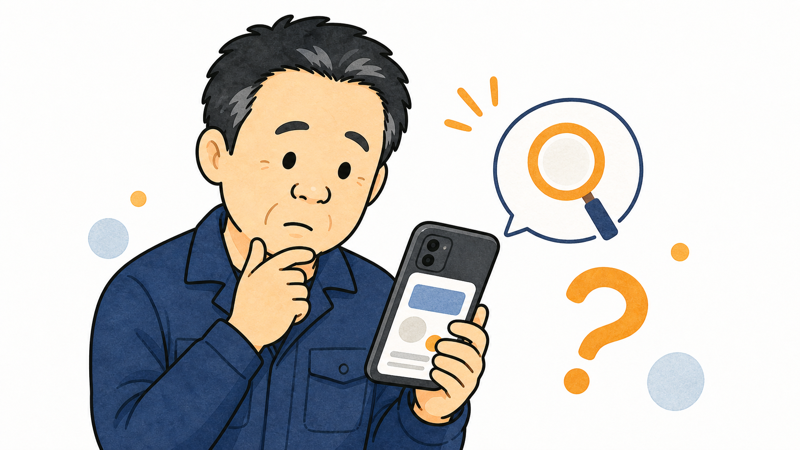 まっさんがスマホでXMの口コミを調べて首をかしげている場面