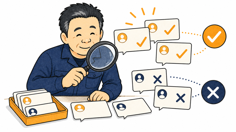 虫眼鏡で口コミを仕分けするまっさんのイメージ図