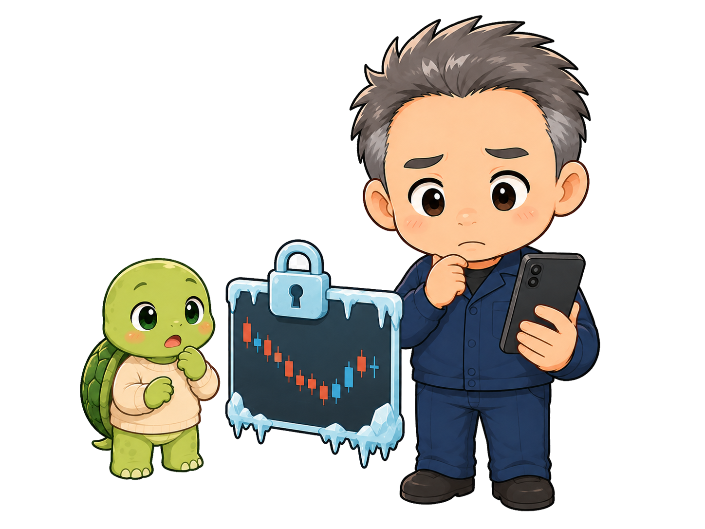 口座が凍結され鍵がかかった状態を心配そうに見るまっさんと亀のイラスト