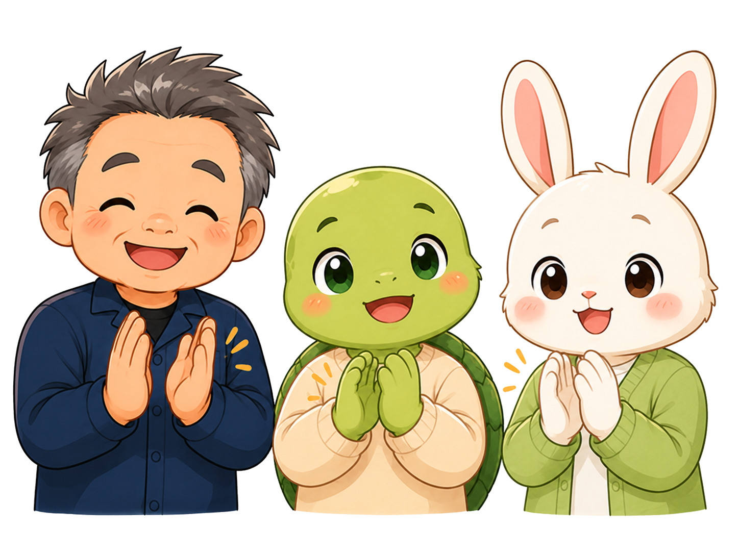 まっさんと亀とうさぎが拍手して称賛している場面のイラスト