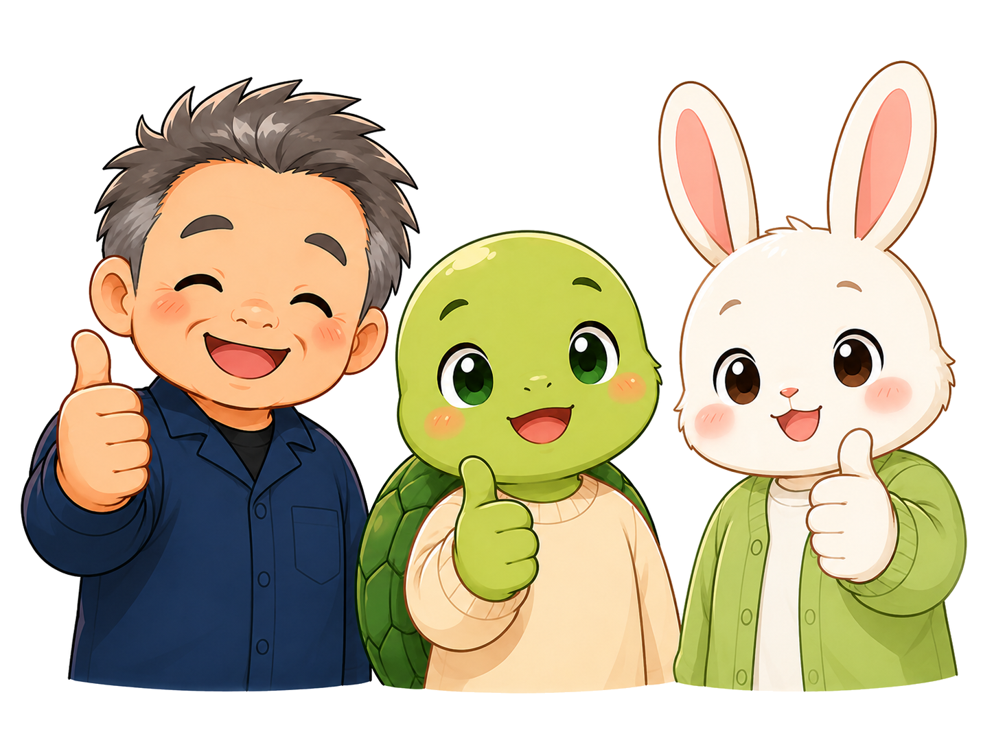 まっさんと亀とうさぎが親指を立ててOKサインをしている場面のイラスト