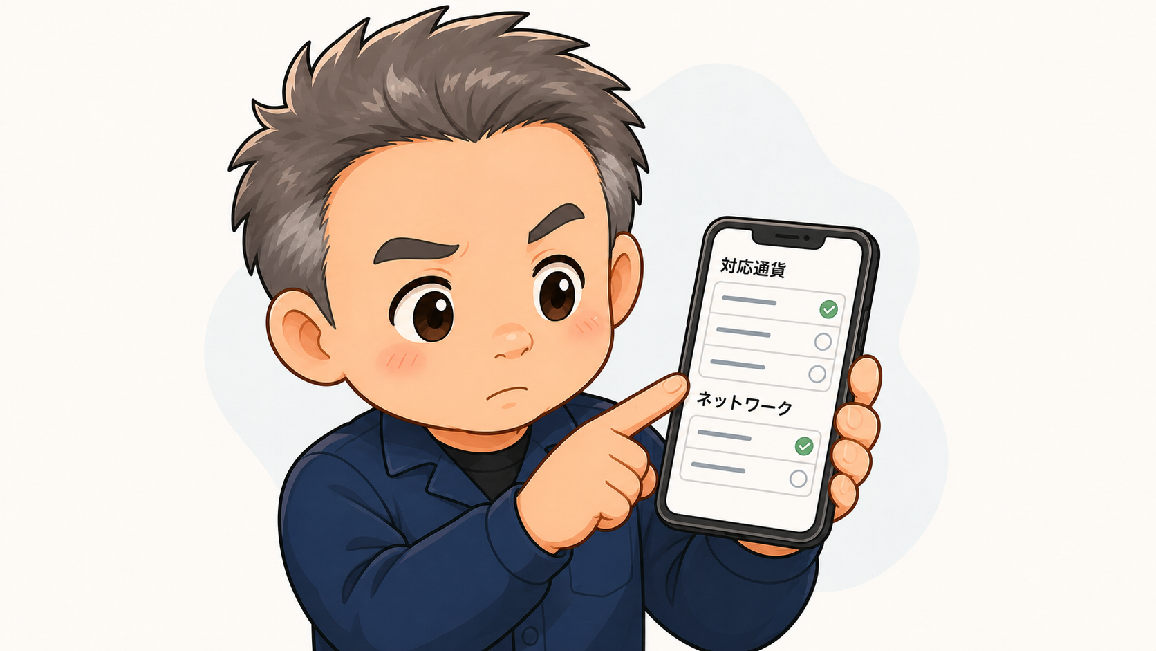 対応通貨と送金ネットワークの選択画面を指して確認するまっさん