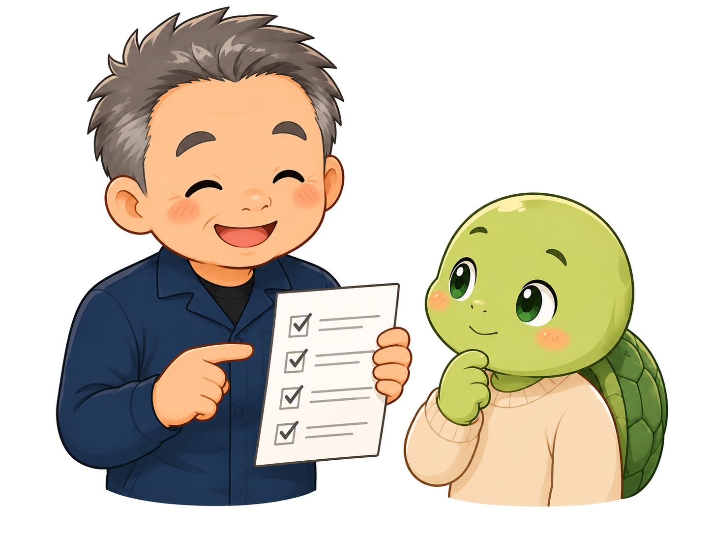必要書類のチェックリストを確認するまっさんと亀のイラスト
