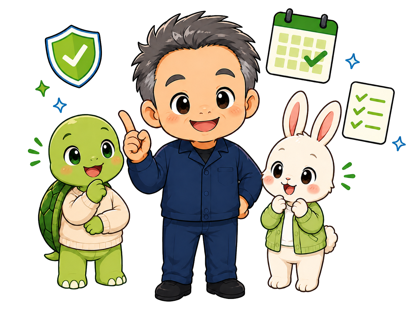 口座凍結を防ぐための習慣（定期ログイン等）をチェックするまっさんたちのイラスト
