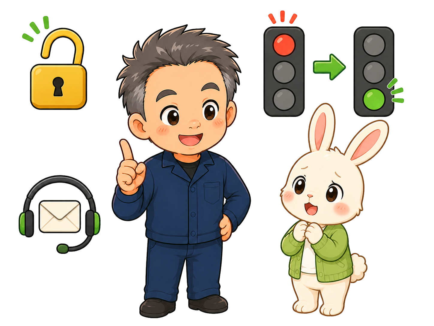 凍結された口座を復活させるステップ（サポート連絡→本人確認→再開）を示す安心トーンのイラスト
