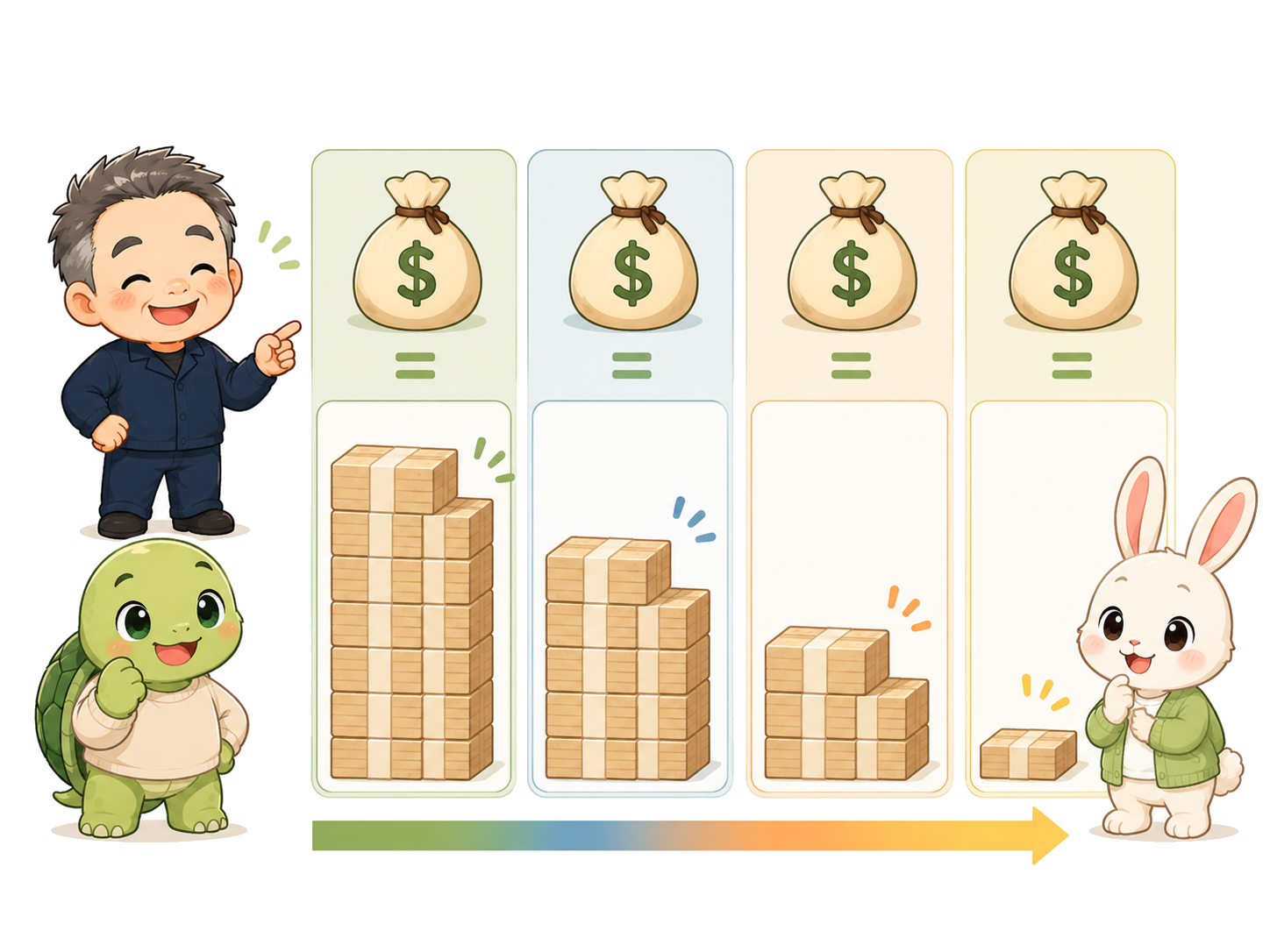 同じ100万円の取引でも、レバレッジが高いほど必要な証拠金が少なくなることを棒グラフ風に比較したイラスト