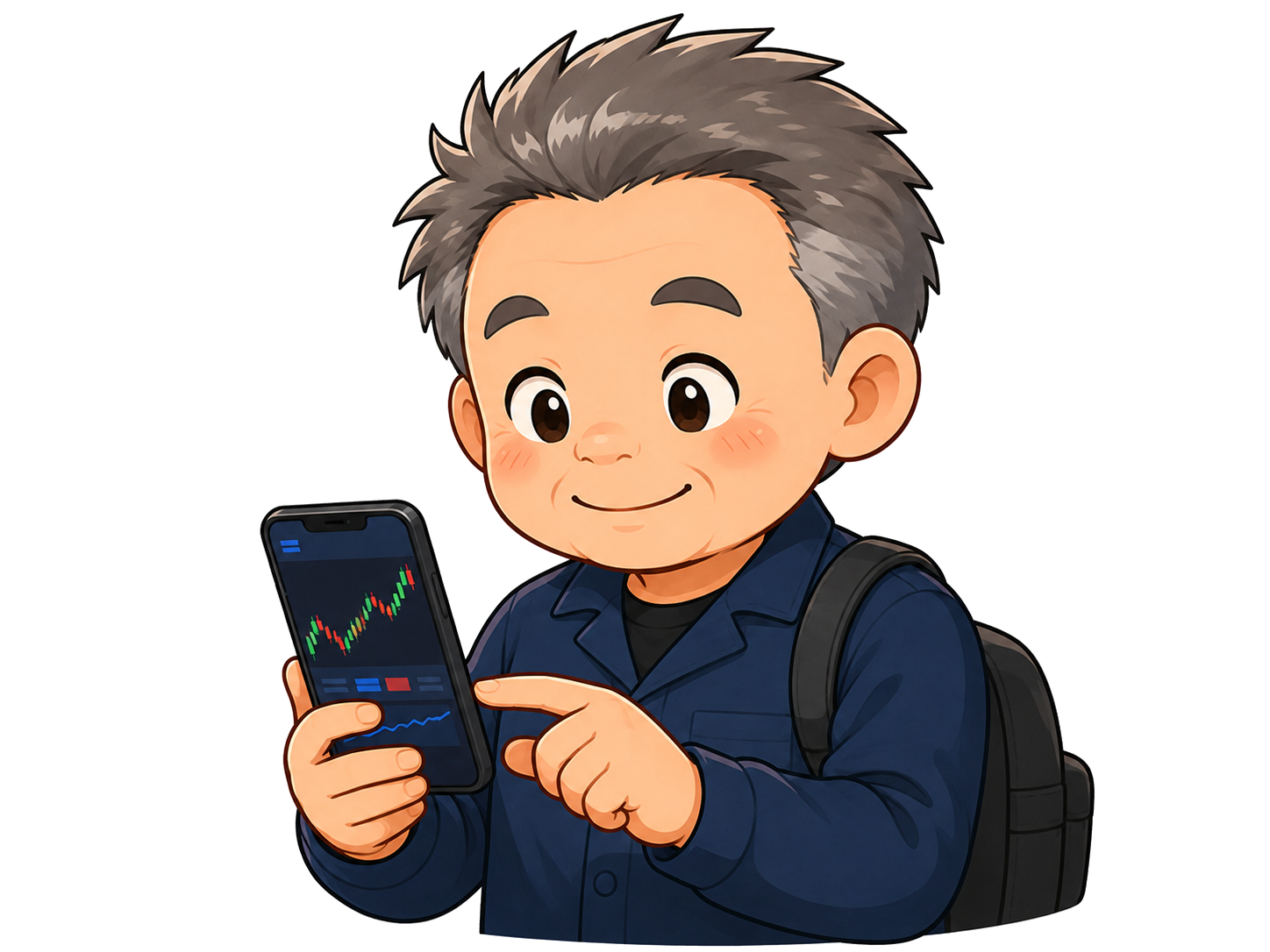 スマホでMT4/MT5アプリを操作し、外出先で相場を確認している手元のイラスト