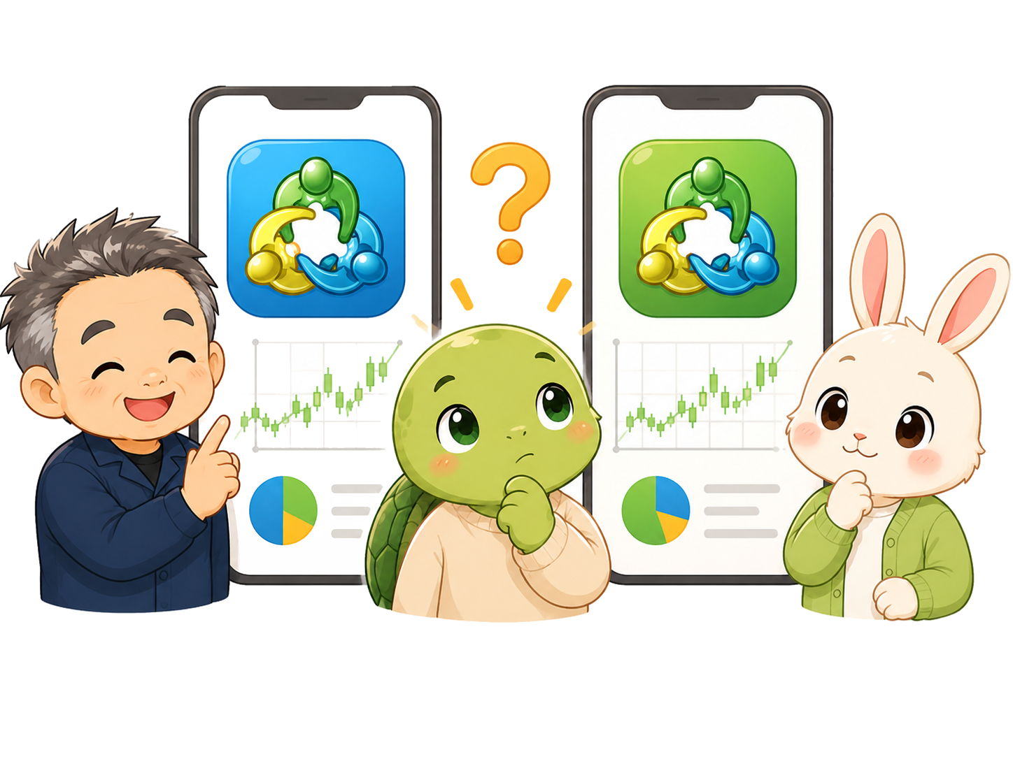 MT4とMT5の2つのアプリアイコンを並べて、FX初心者がどちらを選ぶか見比べているイラスト